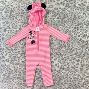 🔆 Full Body 9-12m Months Swimsuit Disney Store Pink Stripes Bathing Suit Zipper